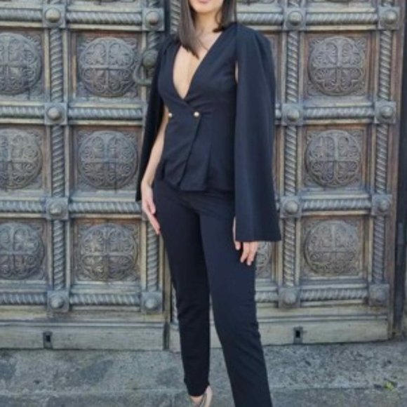 ALL ABOUT CLASS black 2 piece Cape Blazer & Pants Suit - Picture 8 of 16